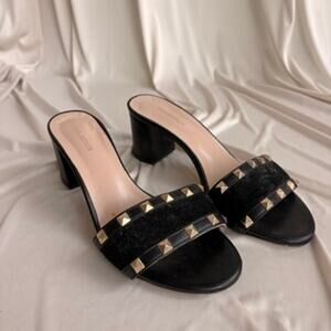 Tsouderos Rockstud Slide Sandals - Black Suede, Gold Studs, Block Heel, US 7